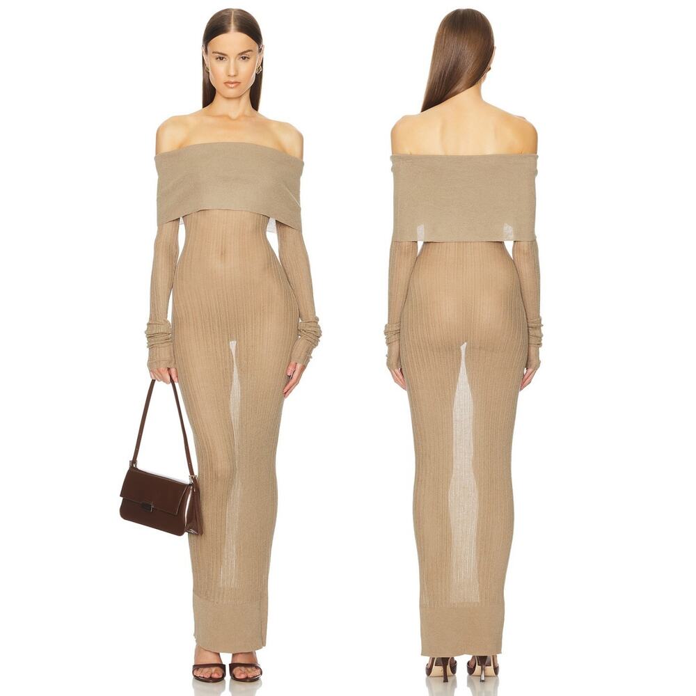 Helsa Justin Maxi Dress Sheer Knit Off Shoulder Evening Statement Party XS